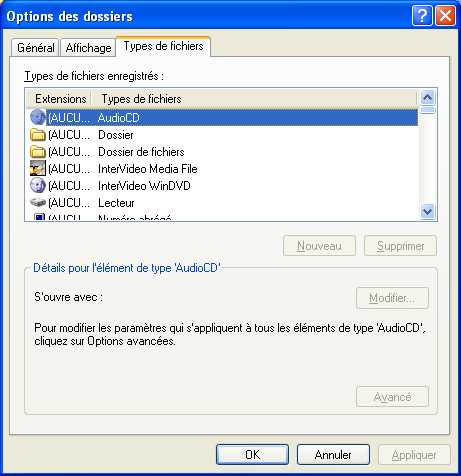 Options of the files, in Windows XP